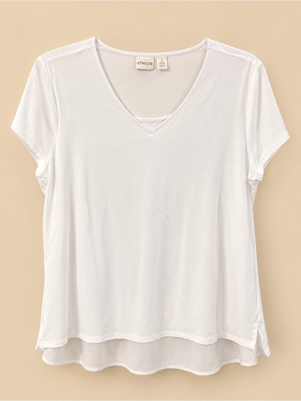 Chico's White V-Neck Short Sleeve Tee with Layered Hem